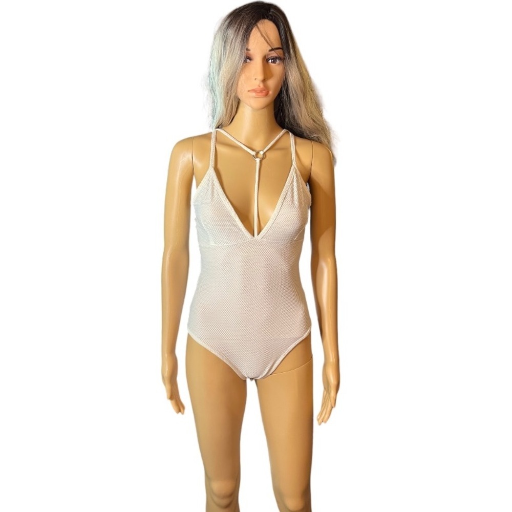 Fashion Nova Sexy Cream Spaghetti Strap Low V-neck Bodysuit